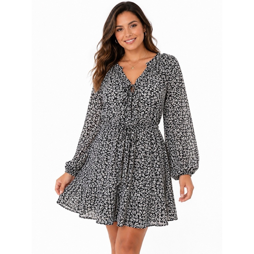 SONOMA Women's  L‎ Black Floral Print V-Neck Long Sleeve Mini Dress Belted